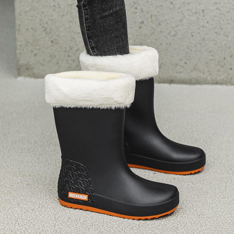 Женские водонепроницаемые нескользящие резиновые сапоги в корейском стиле с бархатной подкладкой для тепла
