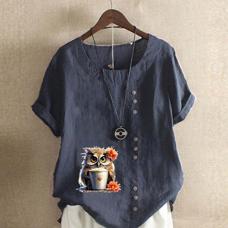 Women's Fashion Cartoon Owl Prined Short Sleeve T-shirt Loose Cotton Shirt Casual Loose Summer Blouse Tops Plus Size