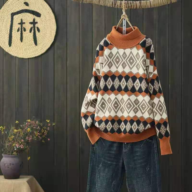 Свитер с высоким воротником, женский пуловер, осень-зима 2022, винтажный свободный свободный свитер с длинным рукавом в стиле вестерн, повседневный вязаный женский свитер