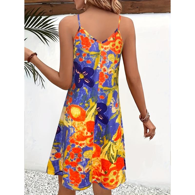 Платье-комбинация с V-образным вырезом и принтом по всей поверхности, повседневное платье без рукавов со свободными бретелями на весну и лето, женская одежда