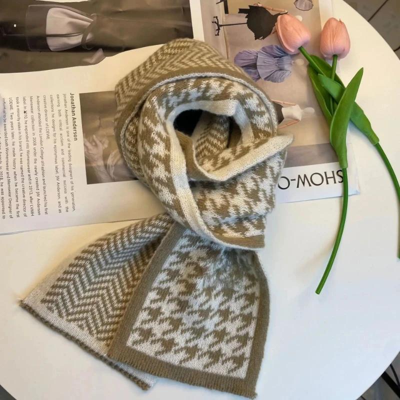 Korean Style Knitted Scarf for Women Girls Autumn Winter Soft Cross Patchwork Colors Scarves Lady Warm Neck Protection New