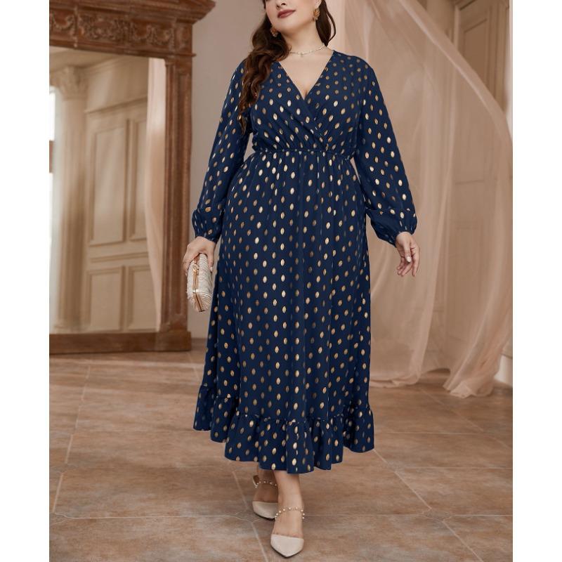 Плюс Размер Женщин Высокая Талия Горошек Новое Платье Эластичный Пояс Принт