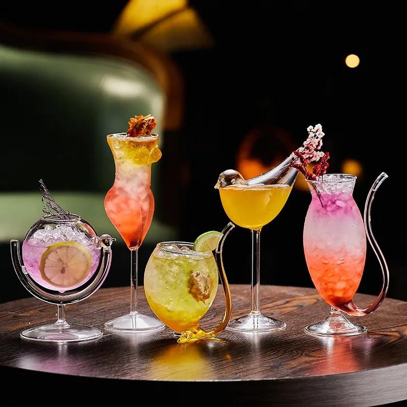 Creative Glass Cocktail Cup Bar Mixing Cup Set Martini Champagne Wine Cup Bird Body Bear Globe Drink Cup Party