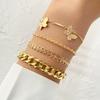 Trendy Link Chain Bracelet Set For Women Rhinestones Gold Color Leaves Butterfly Bracelet Pendant Open Cuff Bangle Girls Jewelry