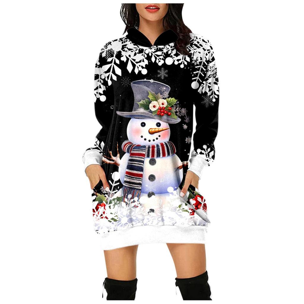 Women's Fashion Loose Casual Pocket Long Sleeve Hoodie Christmas Printed Sweatshirt Top
