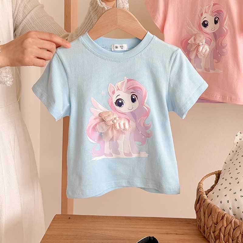 Girls' Casual Cotton Short-sleeved T-shirt, Summer Children's Cute Little Horse Printed T-shirt