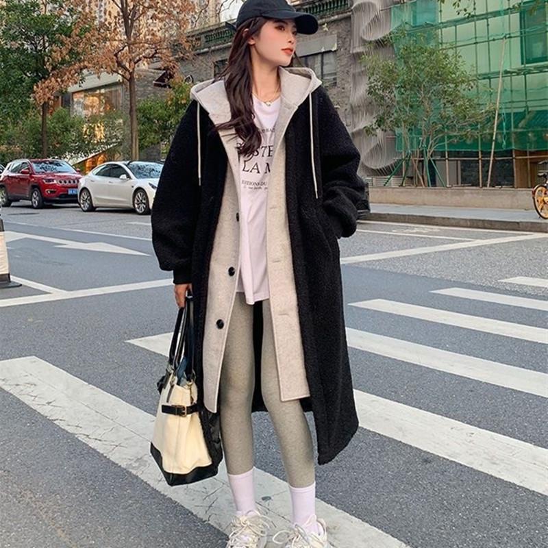 Длинное пальто из искусственной овчины с капюшоном для женщин - зимняя мода, однотонное, с пуговицами