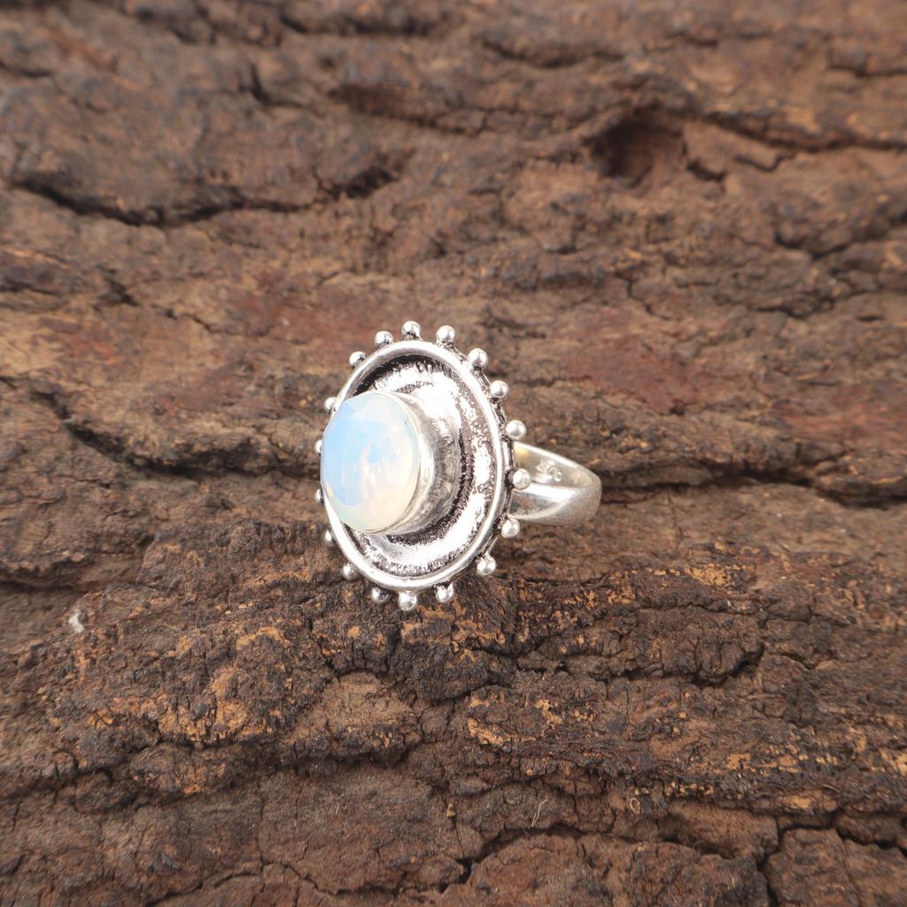 Round Milky Opal Stone 925 Silver Handcrafted Statement Best Sisters Gift Ring RR-49-13