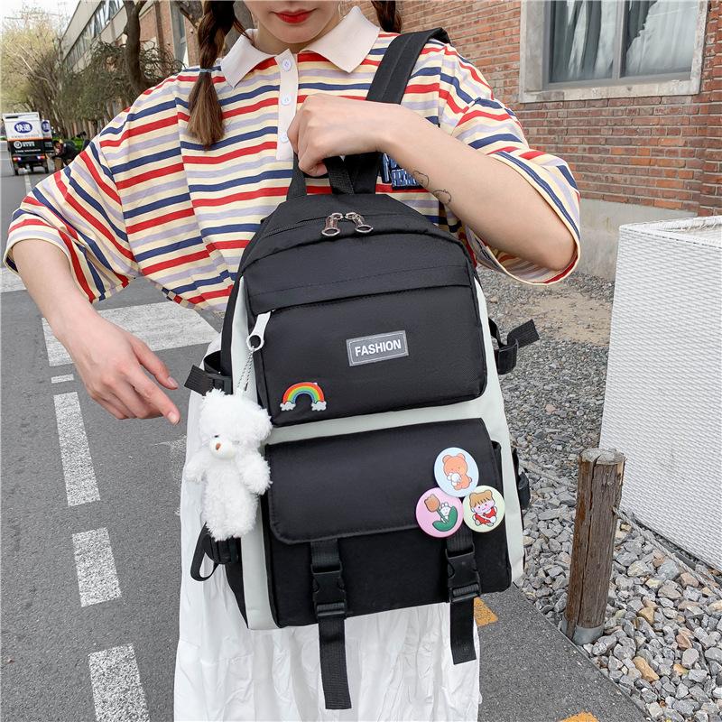 Корейская версия, женский холщовый рюкзак большой емкости, комплект из 4 предметов, рюкзак для средней школы, простые износостойкие школьные сумки с сумкой для ручек