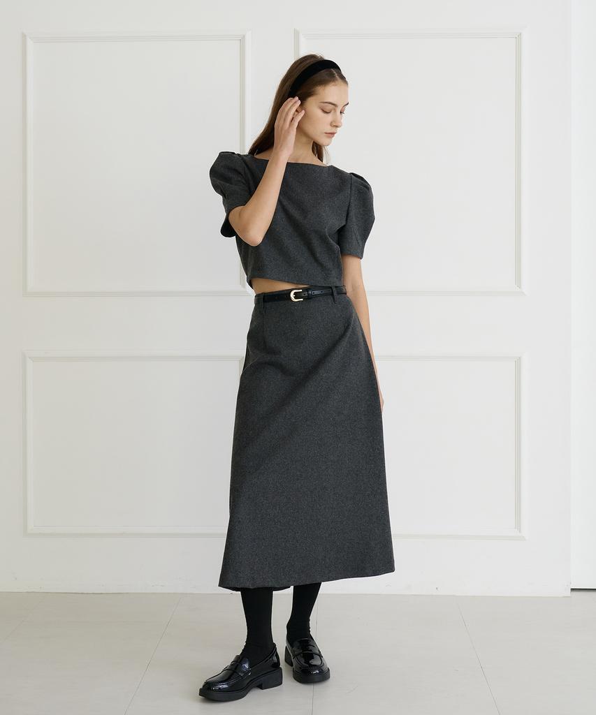 Bye Bye Seop [Set] Boatneck Wool Blouse + A-Line Long Skirt Charcoal