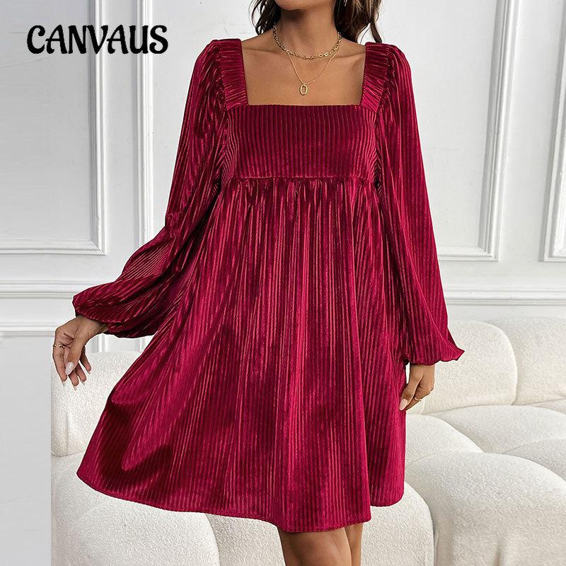 Autumn and Winter Women's Velvet Dress Square Neck Solid Colour Dresses
