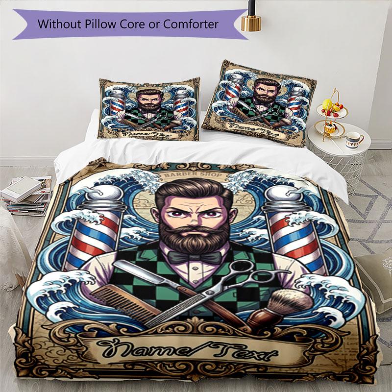 3PC Custom Name Barber Shop Vintage Bedding Set Printed Bedding Set Duvet Cover Closure Includes 1 Duvet Cover & 37 Pillowcases for Bedroom