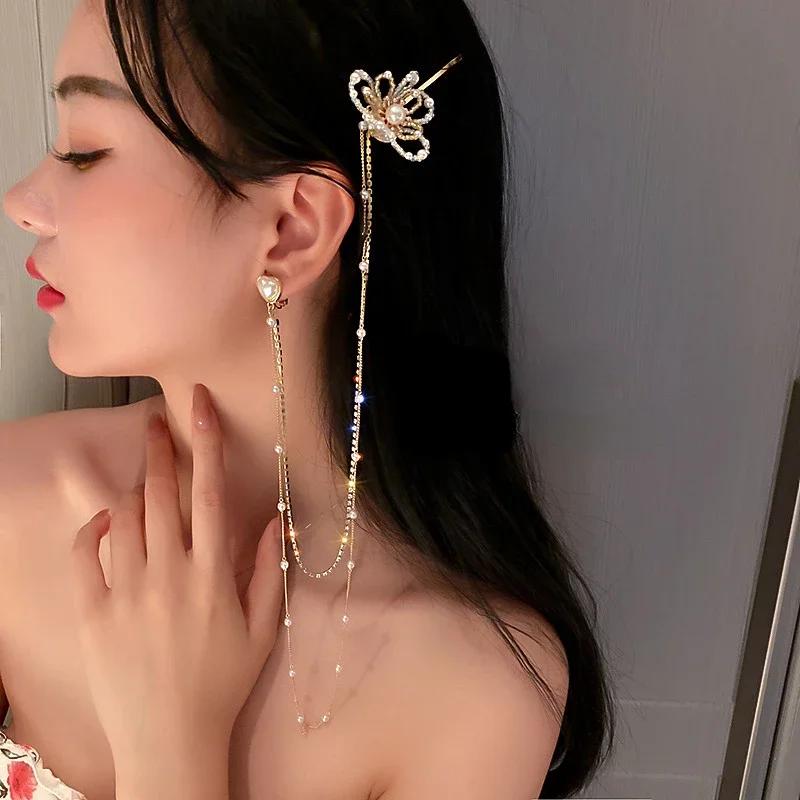 One-Piece Cartilage Clip Ear Love Heart and Flower Shape Hairpin Long Dangle Earrings for Women Fashionable Styling Accessories