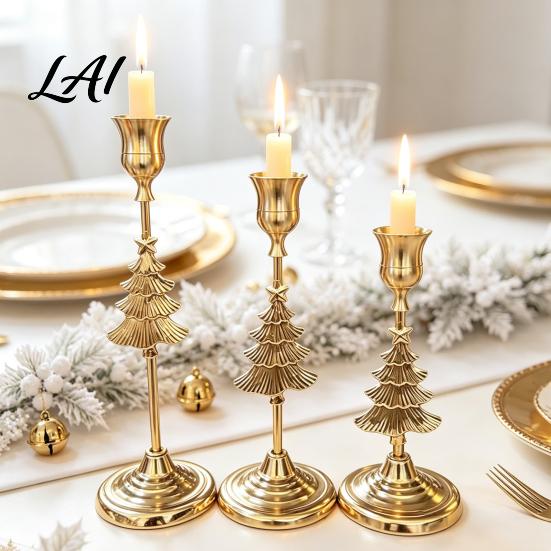 Family Gathering Party Ornaments 3Pcs Christmas Tree/Snowflake Taper Candle Holders 3 Size Gold Candlestick Vintage Tiered Tree Holders Decorative