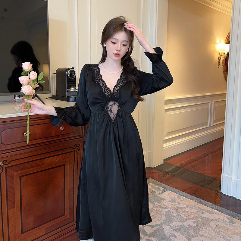 Весенняя ночная рубашка Грейс бордового цвета, женская кружевная ночная рубашка с V-образным вырезом, атласная домашняя рубашка, длинная пижама, домашняя одежда