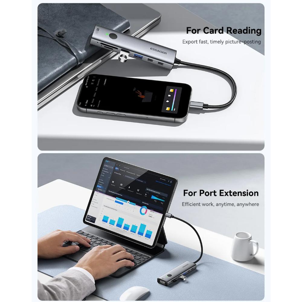 Essager 7 In 1 Type C To USB 3.0 Hub Expansion Dock Adapter Type C To 4K@30Hz HDMI PD100W Charge Dock Station Support SD/TF Read