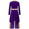Girls Liturgical Dance Costume: Long Sleeve Mock Neck Metallic Patchwork Dress with Asymmetrical Hem & Wide-Leg Pants