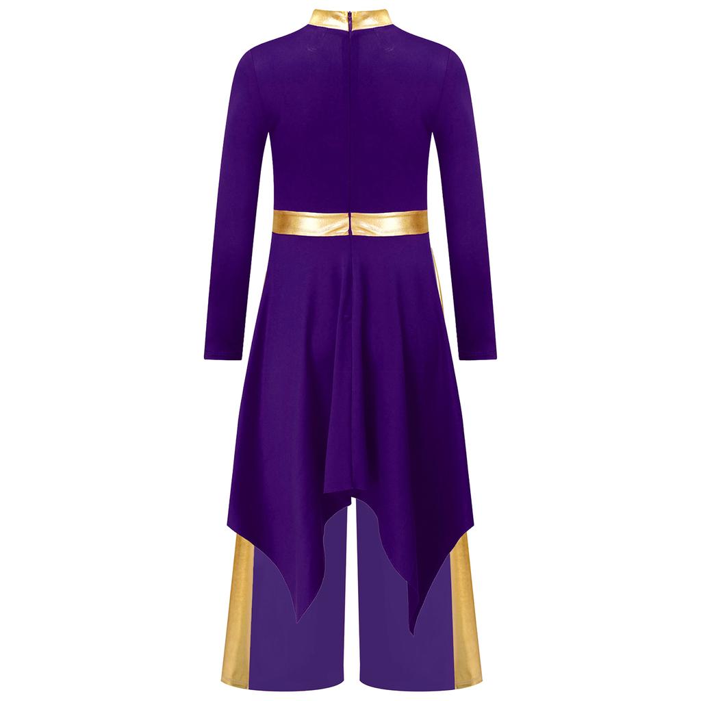 Girls Liturgical Dance Costume: Long Sleeve Mock Neck Metallic Patchwork Dress with Asymmetrical Hem & Wide-Leg Pants
