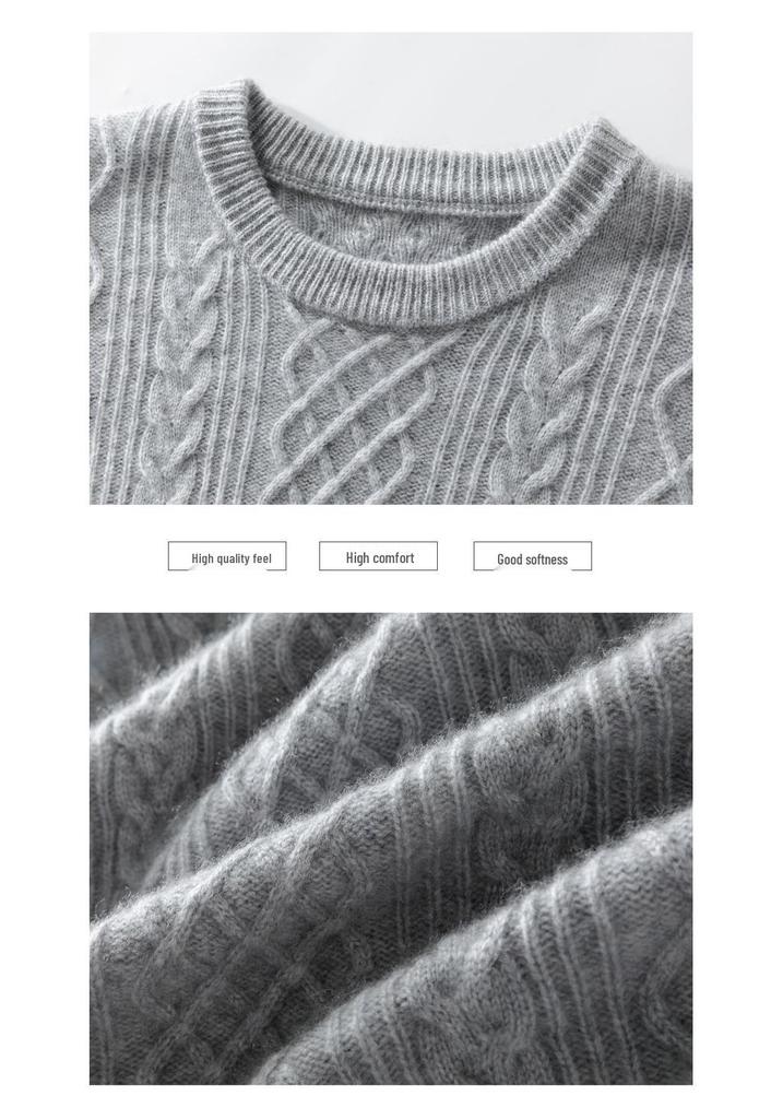 Men's Round Neck Thick Cable Knit Cashmere Sweater - Loose Fit Jacquard Base Layer, Youth Business Casual Knitwear