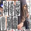 1 PC 480*170MM Full Arm Temporary Tattoos Sticker Totem Mechanic Realistic Fake Black Large  Gun Rose Half Sleeve Tattoo for Women Men
