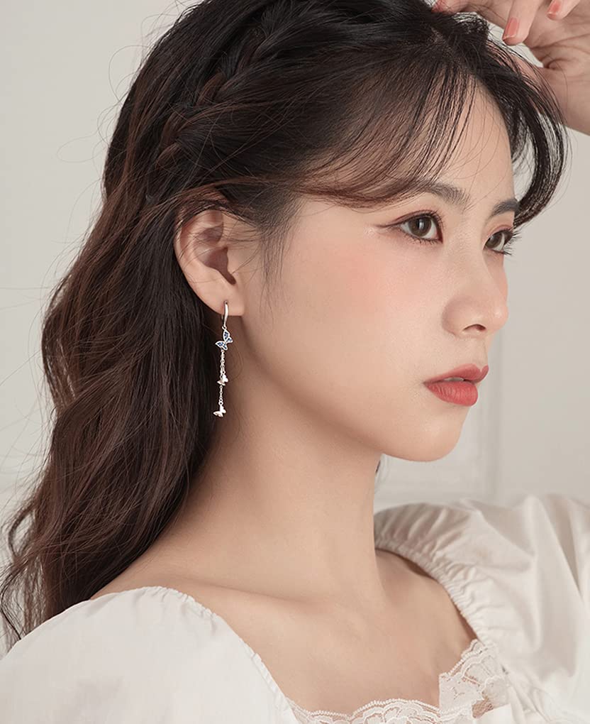 Серьги-кольца в форме бабочки SLUYNZ из стерлингового серебра 925 пробы с кисточками для женщин и подростков, для девочек, с фианитами и цепочкой