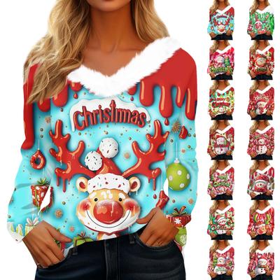 Женский рождественский топ с принтом, длинными рукавами, для вечеринки, с плюшевой отделкой на шее, с V-образным вырезом