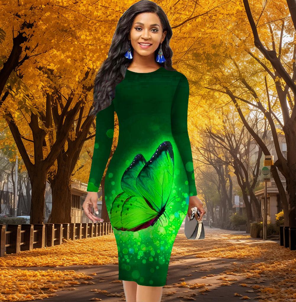 Длинный рукав, облегающее, офисное, облегающее, с принтом сверкающих бабочек, элегантное облегающее платье