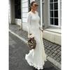 Women Elegant Ruffle Hem Knit White Long Dress O-neck Flare Long Sleeve Backless Bandage Dresses New Evening Party Robes