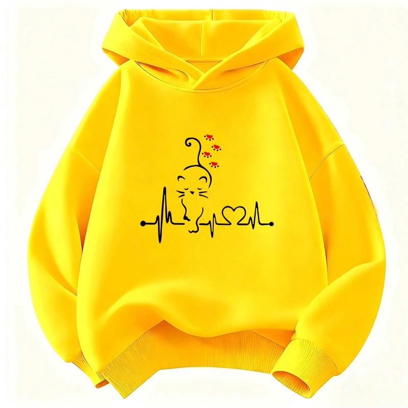 Stylish Kids Hoodie Pullover, Clean Outline Cat Sketch On Heartbeat Line Art Graphic Sweatshirt, Autumn Winter Casual Long Sleeve Top for Children