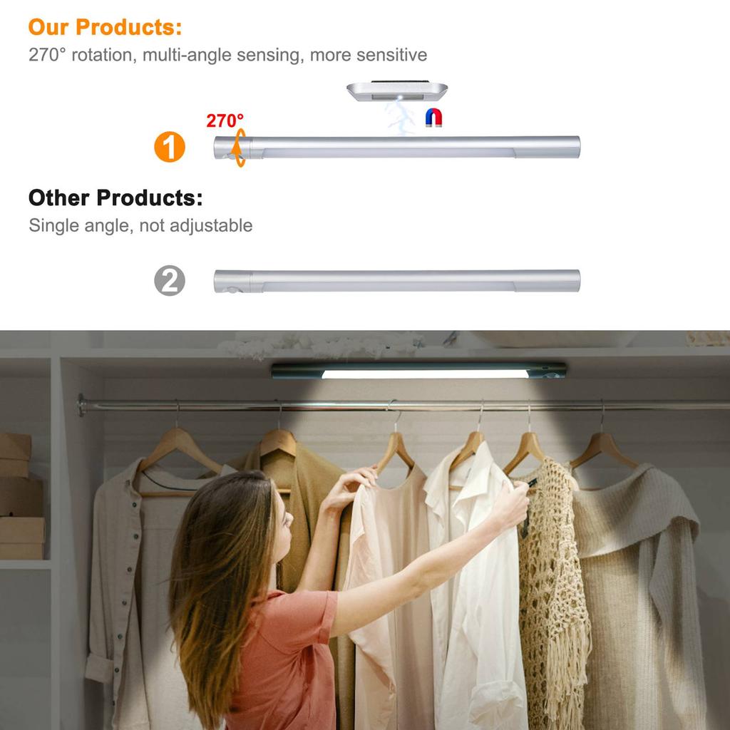 Умный светильник для шкафа с датчиком движения, диммируемый светильник для гардероба, светильник под шкаф, 3 цветовые температуры с вращающимся датчиком