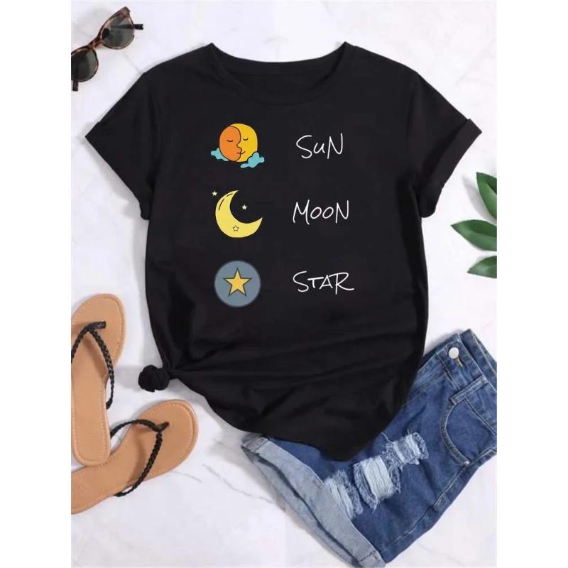Футболка женская с принтом луны и планеты, модные футболки, повседневная, с круглым вырезом, с коротким рукавом, женская футболка в уличном стиле, винтажные топы