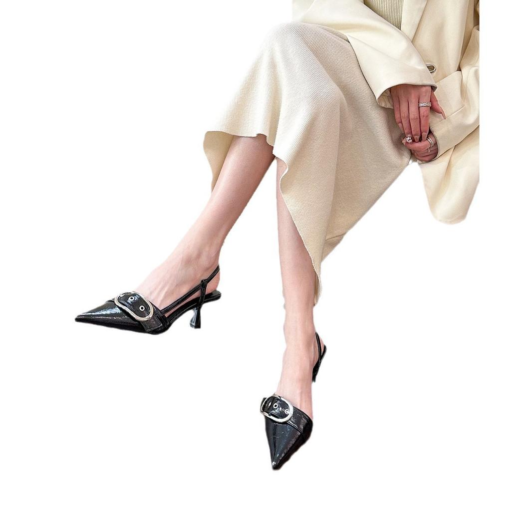 Stylish! Pointed Belt Buckle Shallow Mouth High Heels Women's 2024 Spring and Summer Thin Heel Cool Slippers