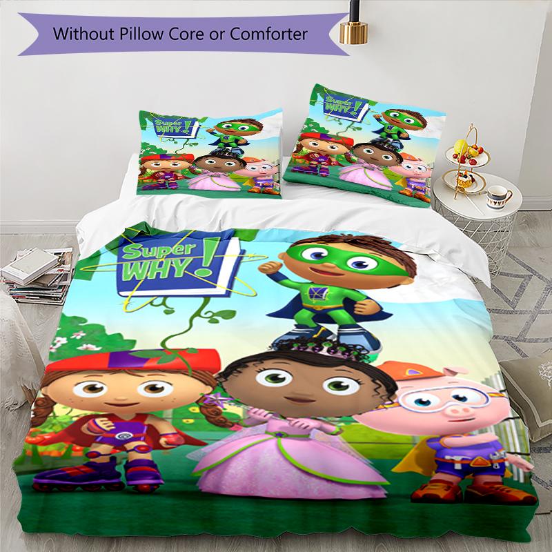 3pcs Super Why Bedding Set Duvet Cover Closure Includes 1 Duvet Cover & 2 Pillowcases, Soft and Comfortable for All Seasons.