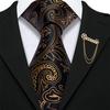 Brooch with Tie for Men Gold Black Paisley Silk Necktie Hanky Cufflinks Set