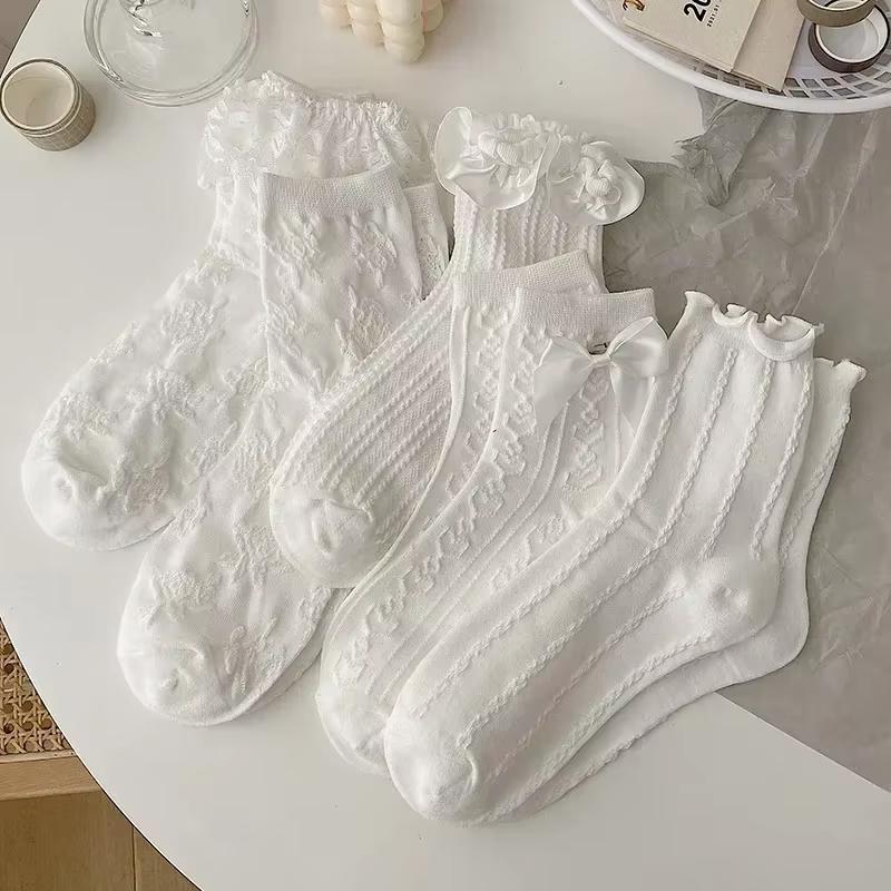 Носки до середины икры с кружевом, бантом и рюшами Kawaii Lolita Короткие носки Хлопковые носки JK Японские кружевные чулки Женские чулки