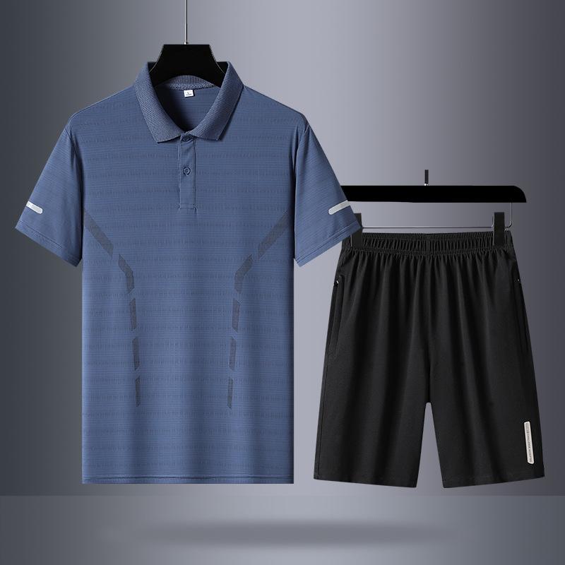 Летний спортивный комплект из ледяного шелка, мужской, с коротким рукавом, для среднего возраста, для отдыха, комплект из двух предметов