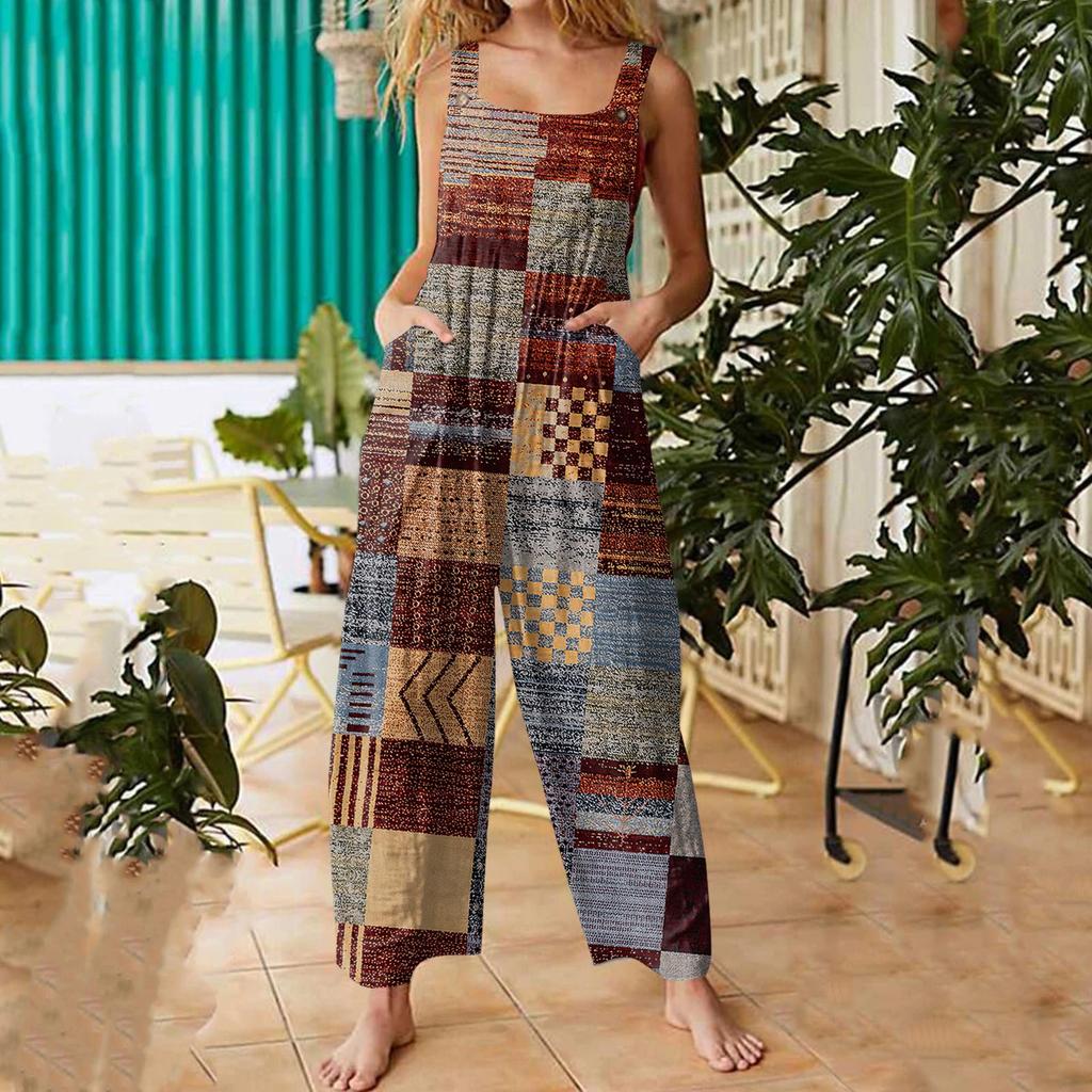 Women's Fashion Casual Loose Back Straps Wide Leg Vintage Printed Jumpsuit