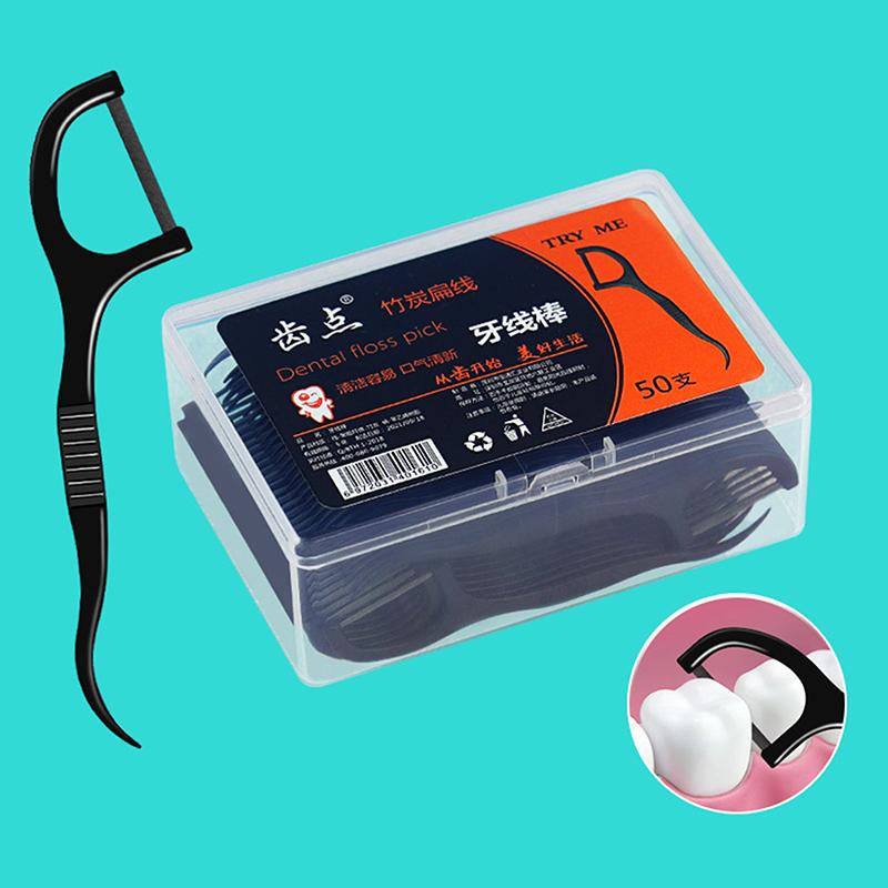 Черная плоская зубная нить 50 шт. Органический набор для межзубной чистки с бамбуковым углем для эффективного ухода за зубами и деснами