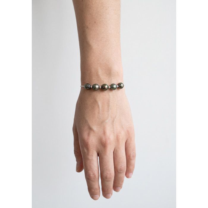 Bracelet - PEARLS & COLORS - Pearls & Colors - Perles de culture de Tahiti 8-9 mm - Or blanc 375/1000 - 5 perles, 18 cm