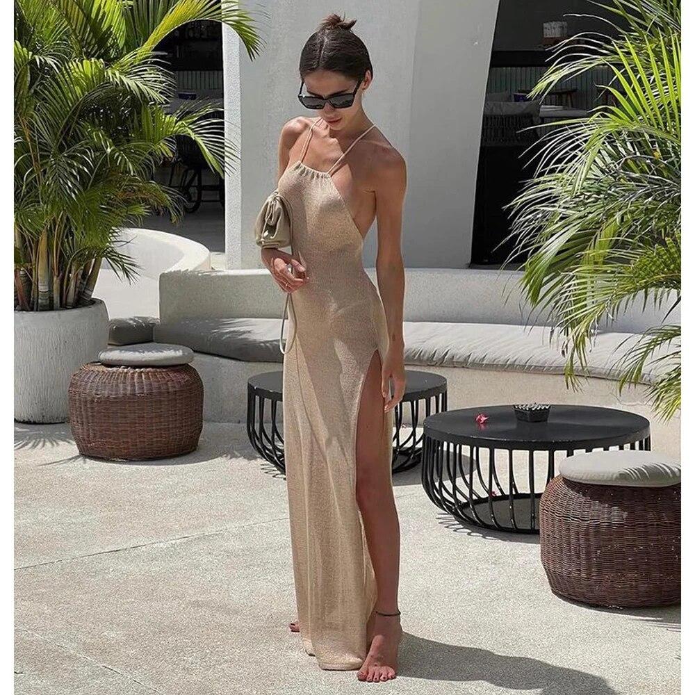 EDOLYNSA 2024 Kintted Cover Up Beach Сексуальная Холтер Без Рукавов Прозрачный Макси Разрез Bodycon Летнее Платье Бикини Прикрытия Элегантный Холтер Пляжное Платье