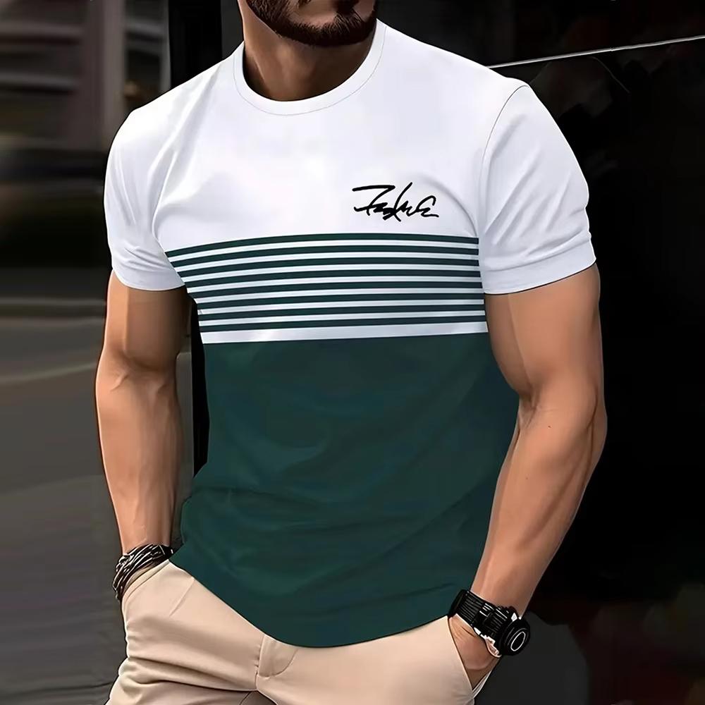 Fashion Stripe Print T Shirt For Men Summer Simple Style Short Sleeve Tops Casual Round Neck Oversized T-shirt High Quality Tees