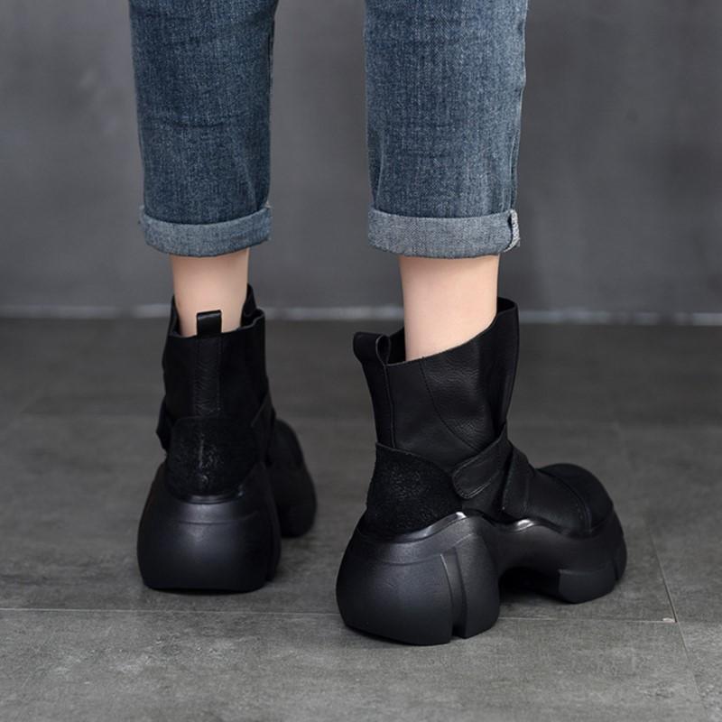 GKTINOO Ретро Ботильоны на Толстой Подошве 2024 Осень Зима Новые Натуральная Кожа Круглый Носок Однотонные Универсальные Туфли на Платформе