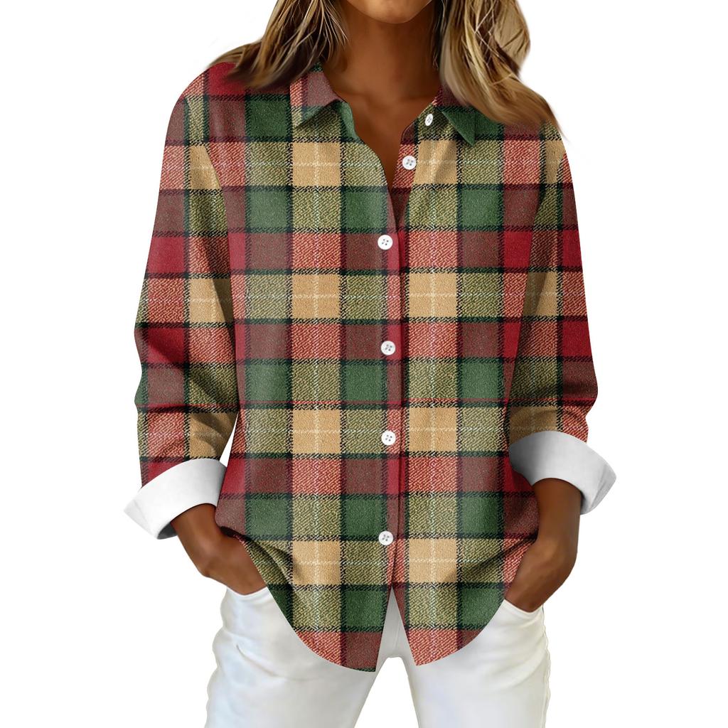 Женская рубашка-блузка с рождественским принтом и пуговицами, длинный рукав, повседневный базовый рубашечный воротник, обычный топ