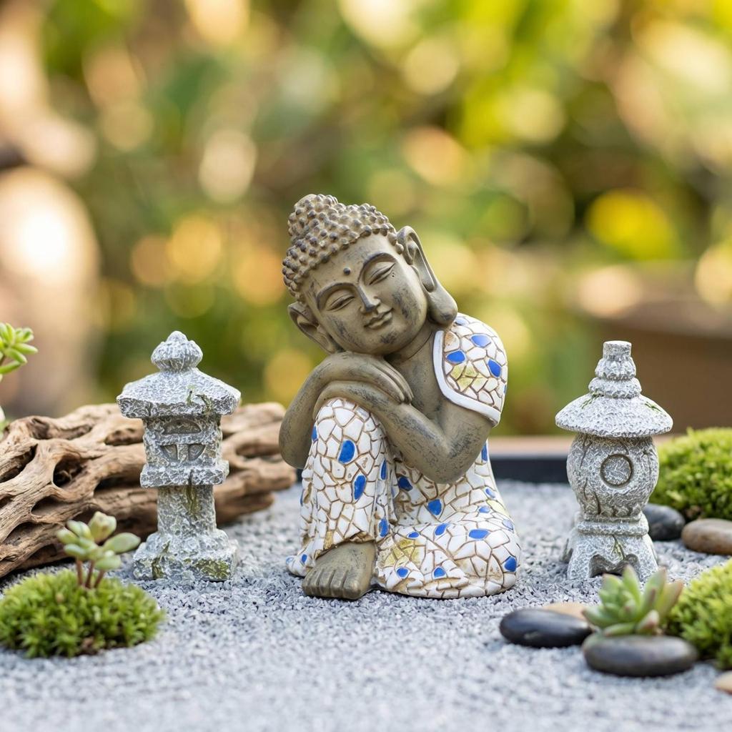 Garden Ornament with Mosaic Finish Meditative Style Mini Buddha Statue Stone