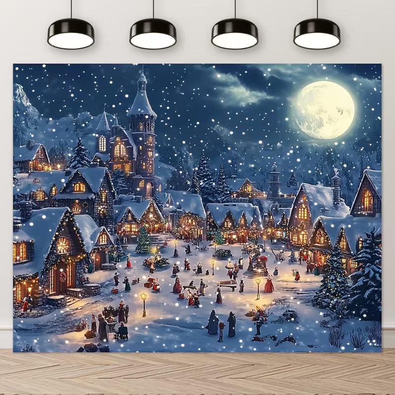 2D Winter Snow Village Full Moon Backdrop Christmas Holiday Photo Background Cloth