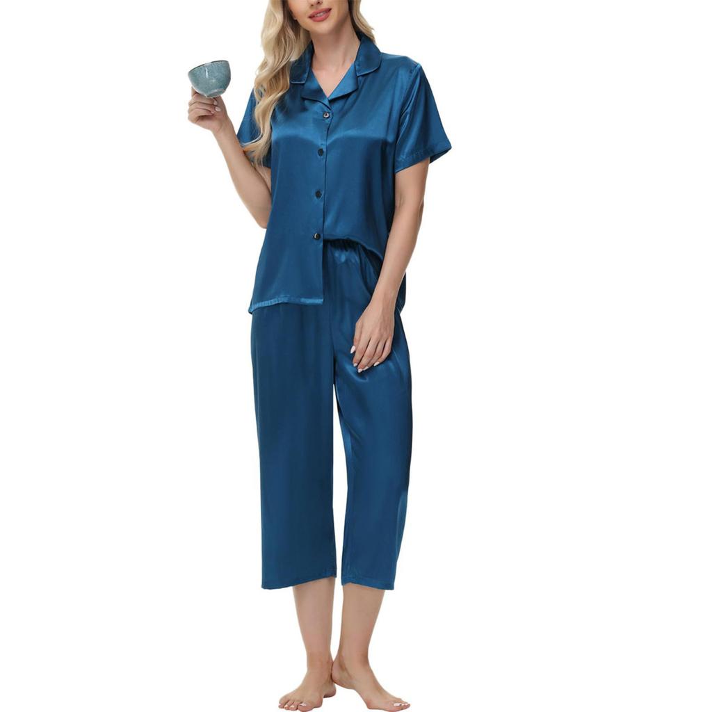 2 шт./комплект пижамы Ice Silk, рубашка с длинным рукавом и застежкой на пуговицы, эластичный пояс, широкие укороченные брюки, домашняя одежда, повседневный наряд, весенняя одежда для сна