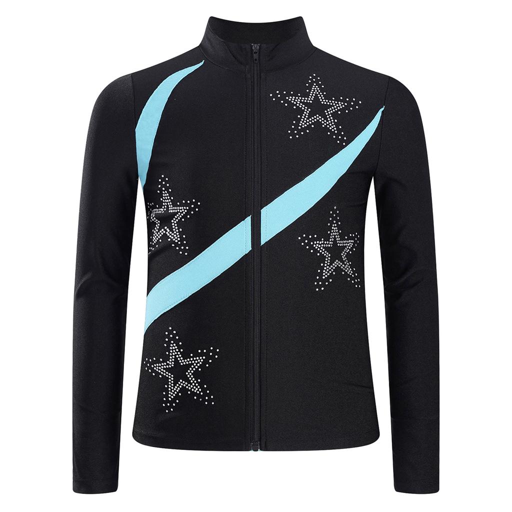 Girls Shiny Rhinestone Star Sports Top Contrast Color Long Sleeve Stand Collar Zipper Sweatshirt Gymnastics Wear
