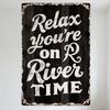 Vintage 'Relax You're On River TIME' Metal Tin Sign Rustic Wooden Background Rust Texture Wall Decor for Cabin Lodge River-Side