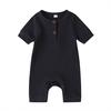 Newborn Baby Short Sleeve Romper Knit Ribbed Solid Color Cotton Jumpsuits One Piece O-Neck Button Pajamas Playsuit