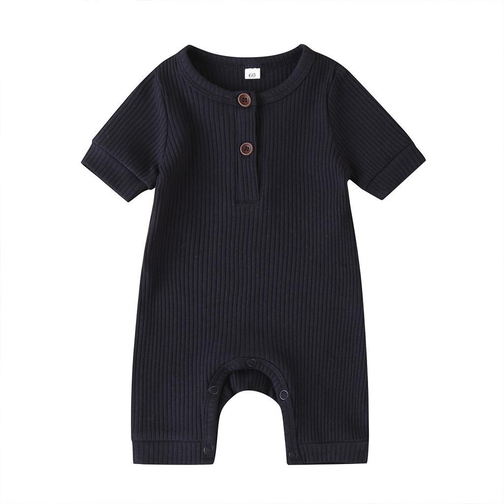 Newborn Baby Short Sleeve Romper Knit Ribbed Solid Color Cotton Jumpsuits One Piece O-Neck Button Pajamas Playsuit